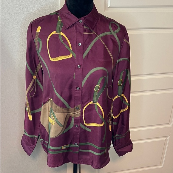 J. McLaughlin Burgundy Blouse with Green and Yellow Accents - Picture 1 of 6